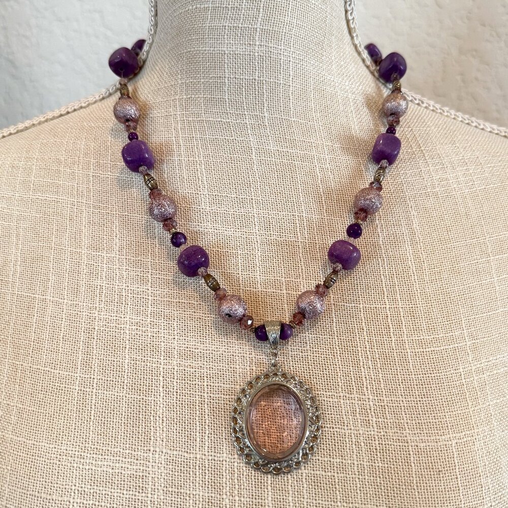 Purple Lepodite Stone & Mixed Material Statement Necklace